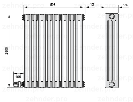 Схема (чертеж) Радиатор Zehnder Charleston 4280/13 №V003 Белый глянцевый RAL 9016